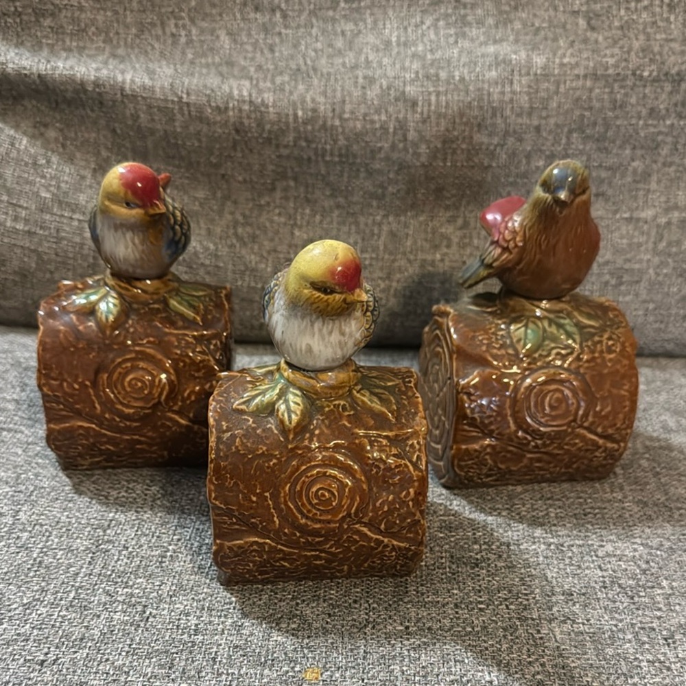Set of Three Birds on a Log ceramic Figurines